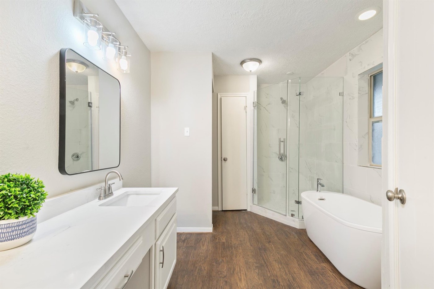 Renovated bathroom with glass shower, freestanding tub, and modern vanity